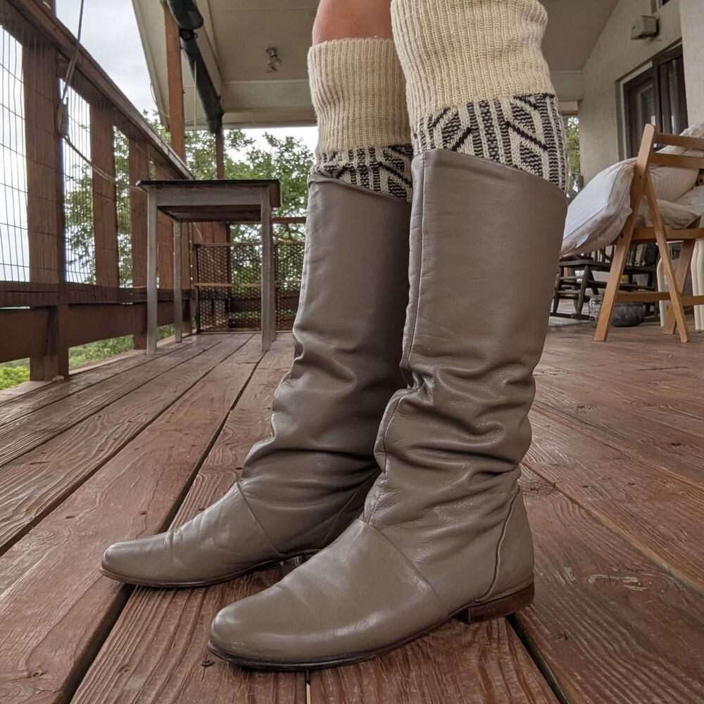 Vintage 70s DEXTER biege tan leather boots mid calf low heel
